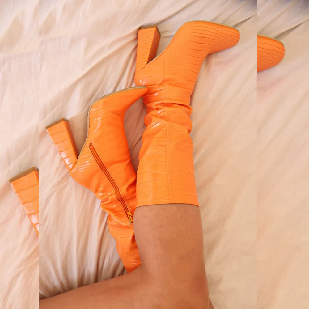 Mina Croc Print Pointed Toe Knee High Mid-Calf Block Heeled Long Boots in Orange sold by XYlondon product image thumbnail 5