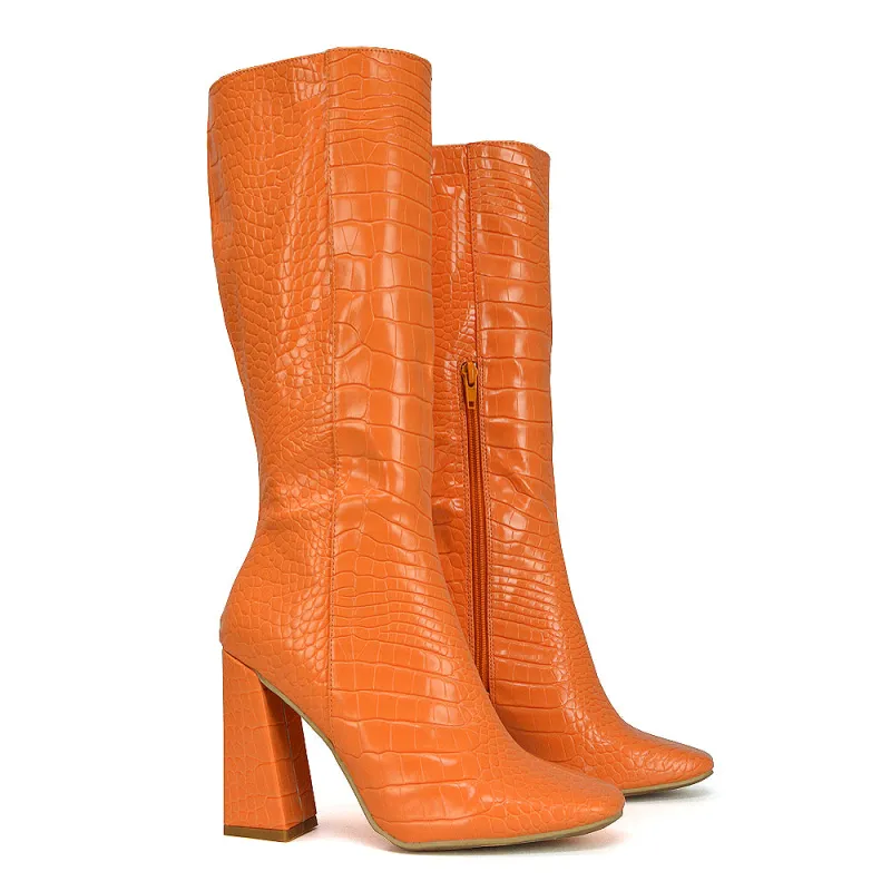 Mina Croc Print Pointed Toe Knee High Mid-Calf Block Heeled Long Boots in Orange sold by XYlondon