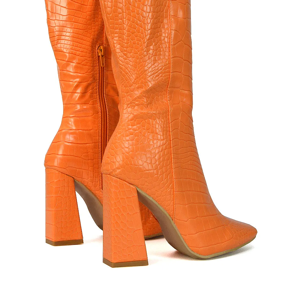 Mina Croc Print Pointed Toe Knee High Mid-Calf Block Heeled Long Boots in Orange sold by XYlondon product image thumbnail 4