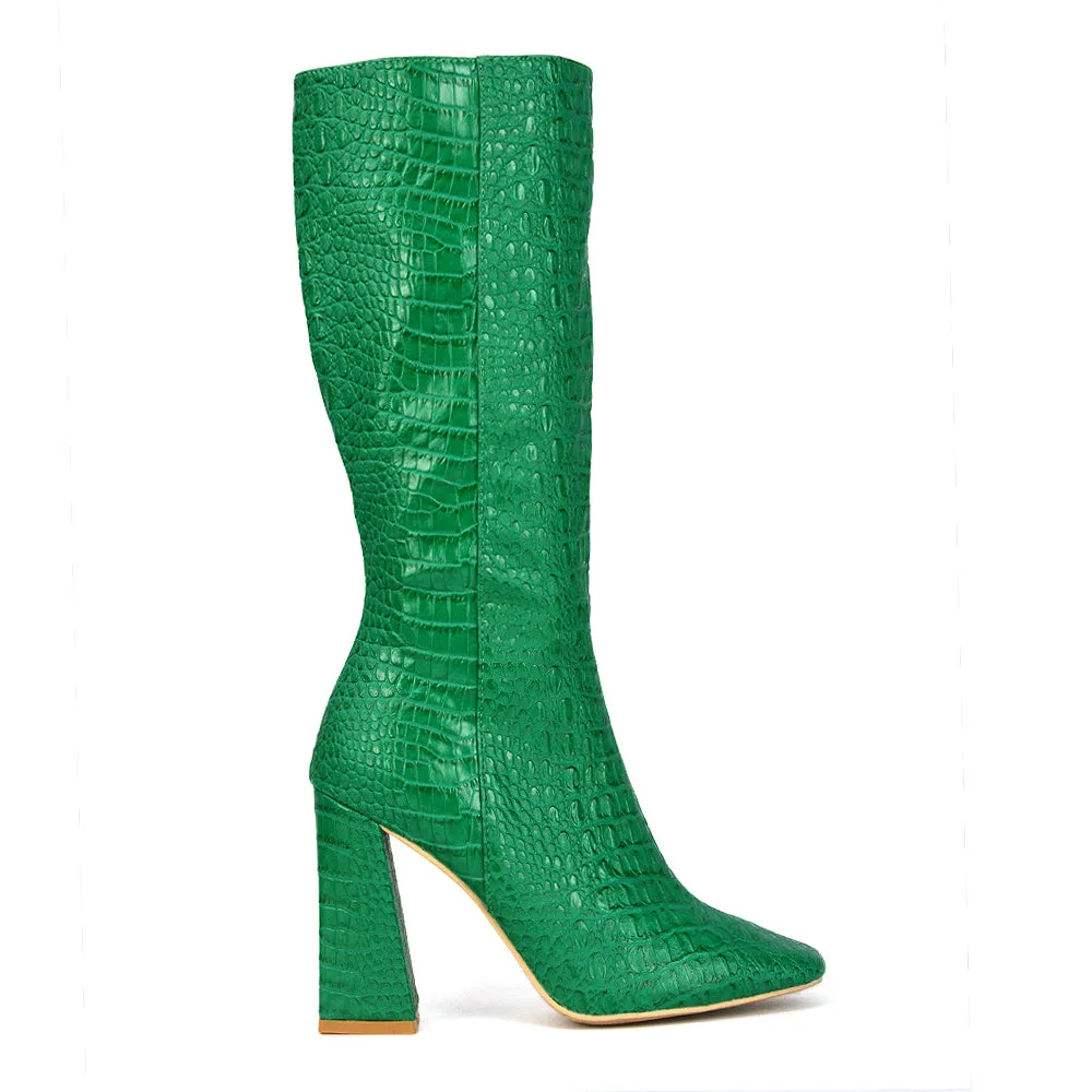 Mina Croc Print Pointed Toe Knee High Mid-Calf Block Heeled Long Boots in Green sold by XYlondon product image thumbnail 2