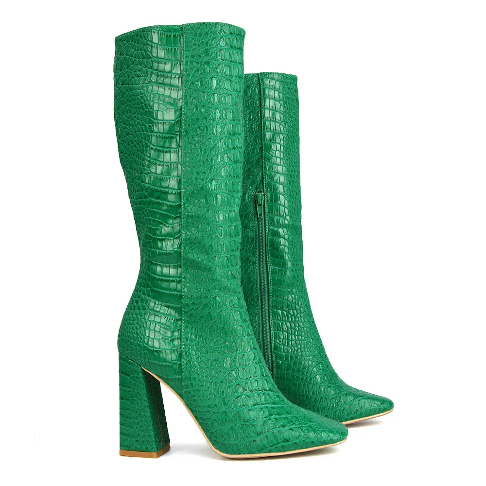Mina Croc Print Pointed Toe Knee High Mid-Calf Block Heeled Long Boots in Green sold by XYlondon product image thumbnail 3