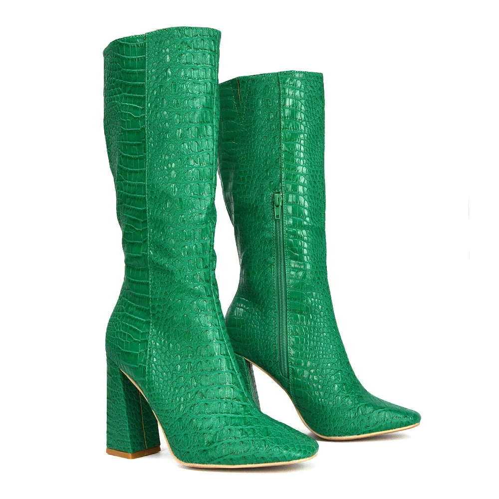 Mina Croc Print Pointed Toe Knee High Mid-Calf Block Heeled Long Boots in Green sold by XYlondon product image thumbnail 5