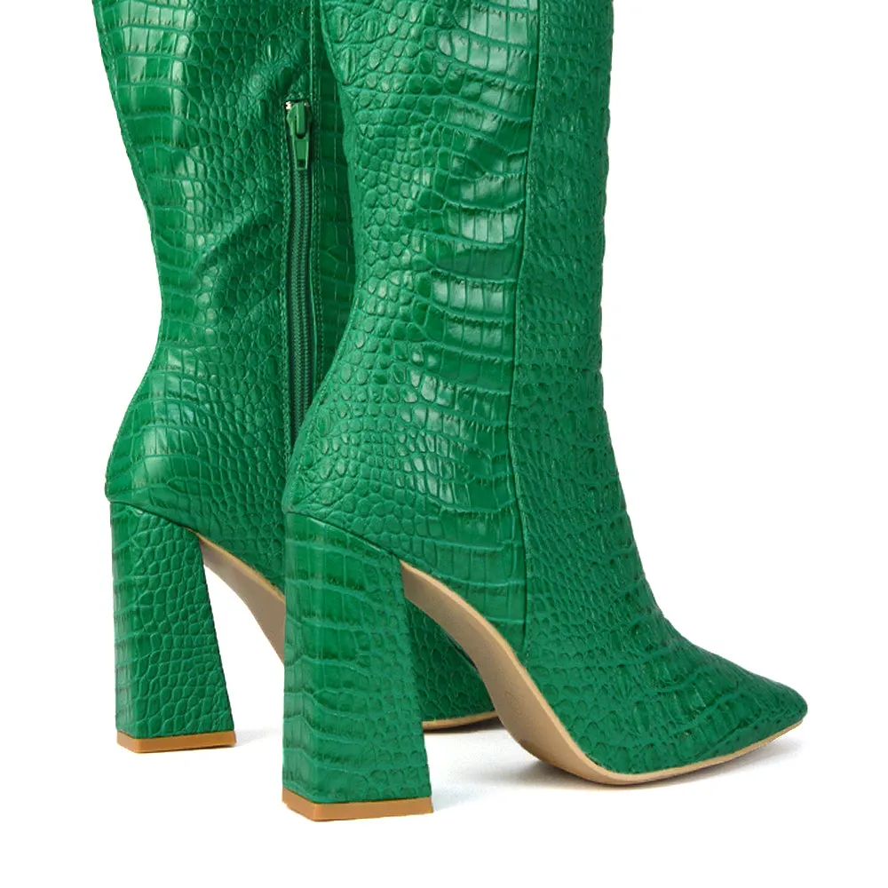 Mina Croc Print Pointed Toe Knee High Mid-Calf Block Heeled Long Boots in Green sold by XYlondon product image thumbnail 4