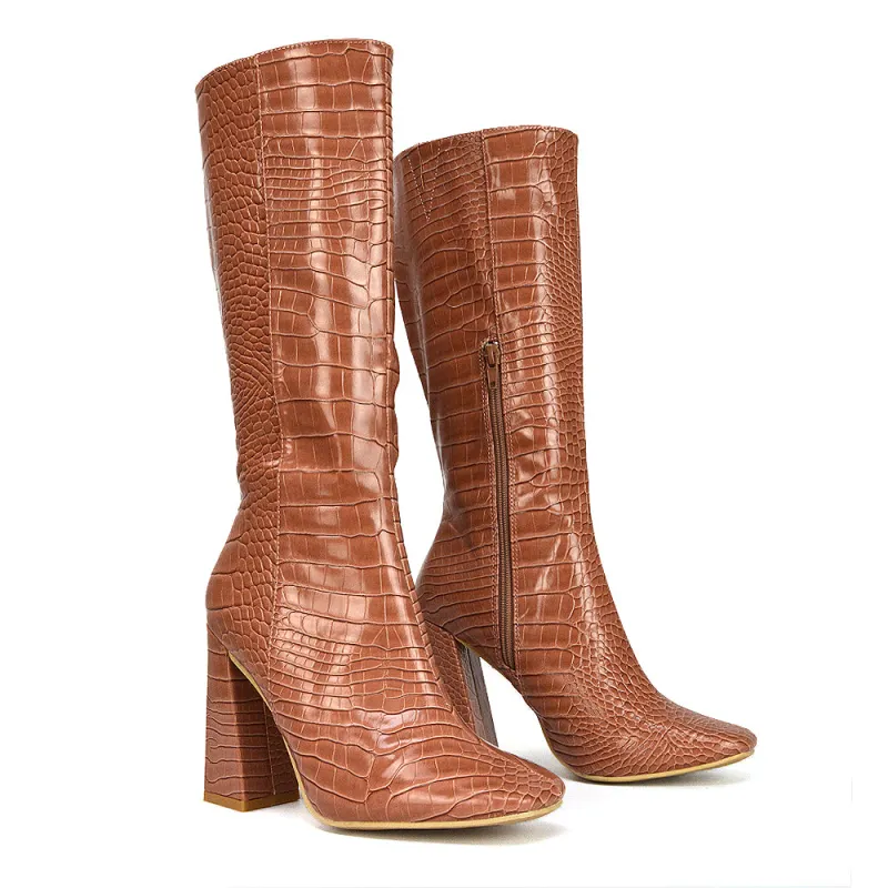 Mina Croc Print Pointed Toe Knee High Mid-Calf Block Heeled Long Boots in Brown sold by XYlondon