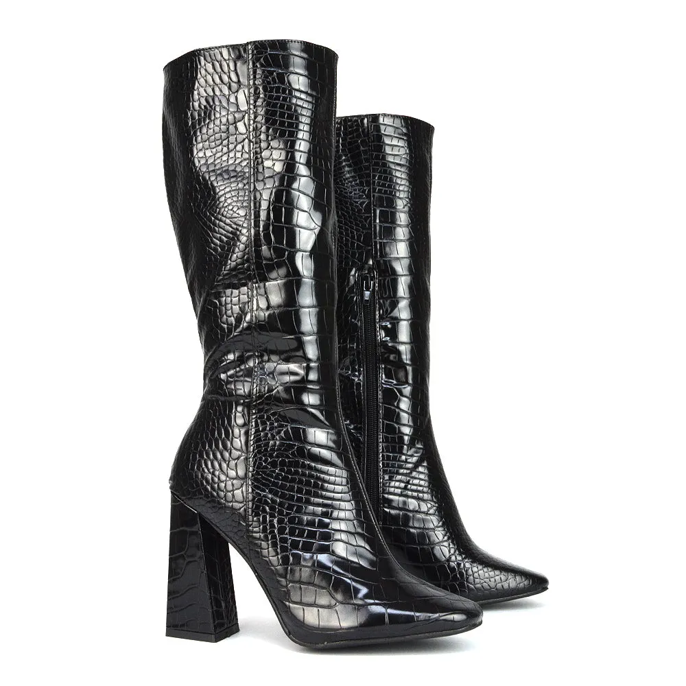 Mina Croc Print Pointed Toe Knee High Mid-Calf Block Heeled Long Boots in Black sold by XYlondon product image thumbnail 3