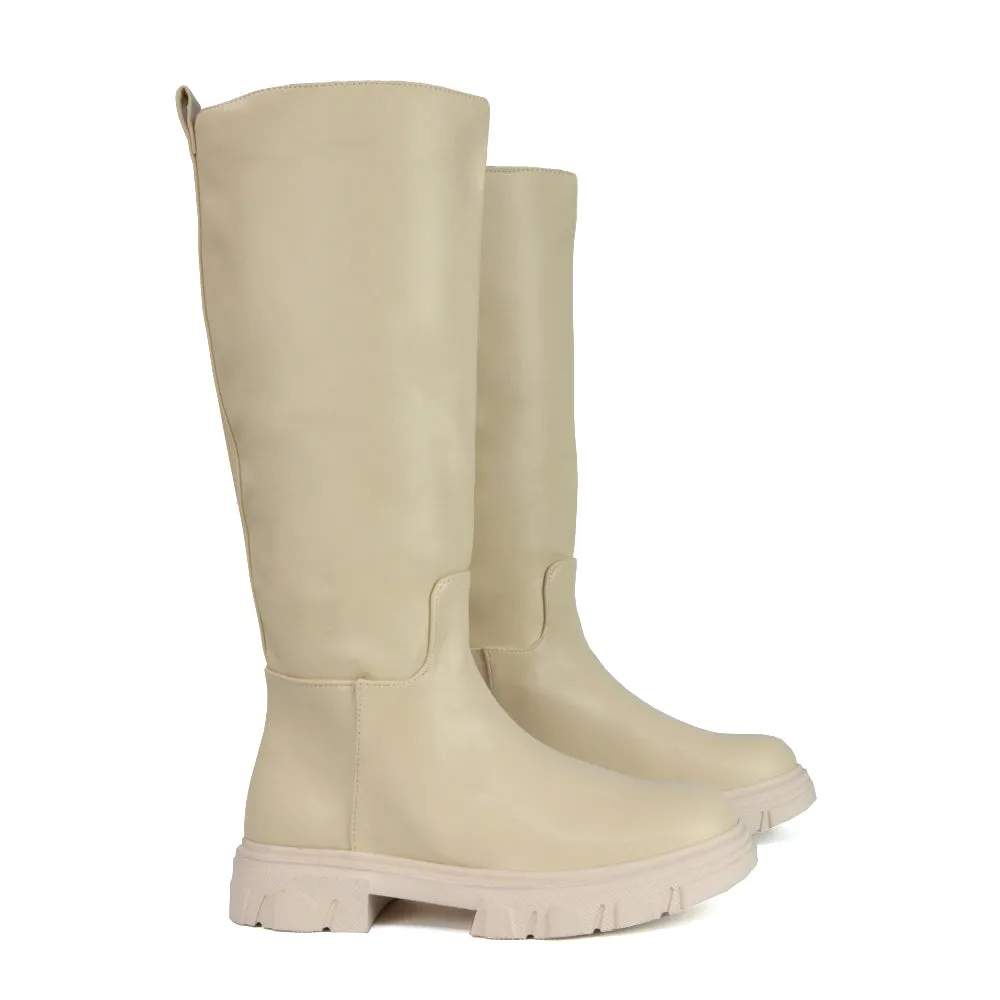 Lainey Chunky Sole Calf High Knee High Biker Boots in Nude Synthetic Leather sold by XYlondon product image thumbnail 3