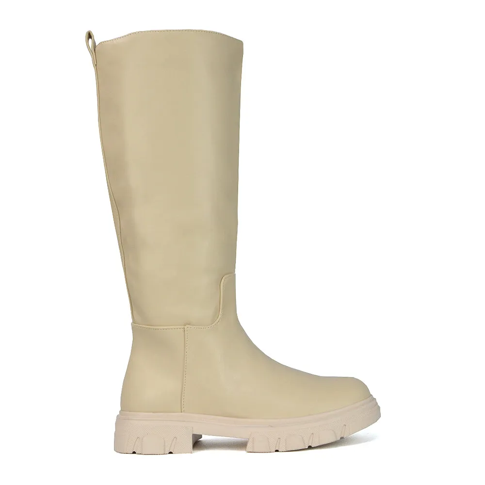 Lainey Chunky Sole Calf High Knee High Biker Boots in Nude Synthetic Leather sold by XYlondon product image thumbnail 2