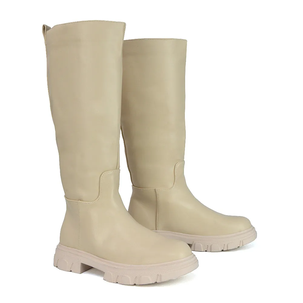 Lainey Chunky Sole Calf High Knee High Biker Boots in Nude Synthetic Leather sold by XYlondon