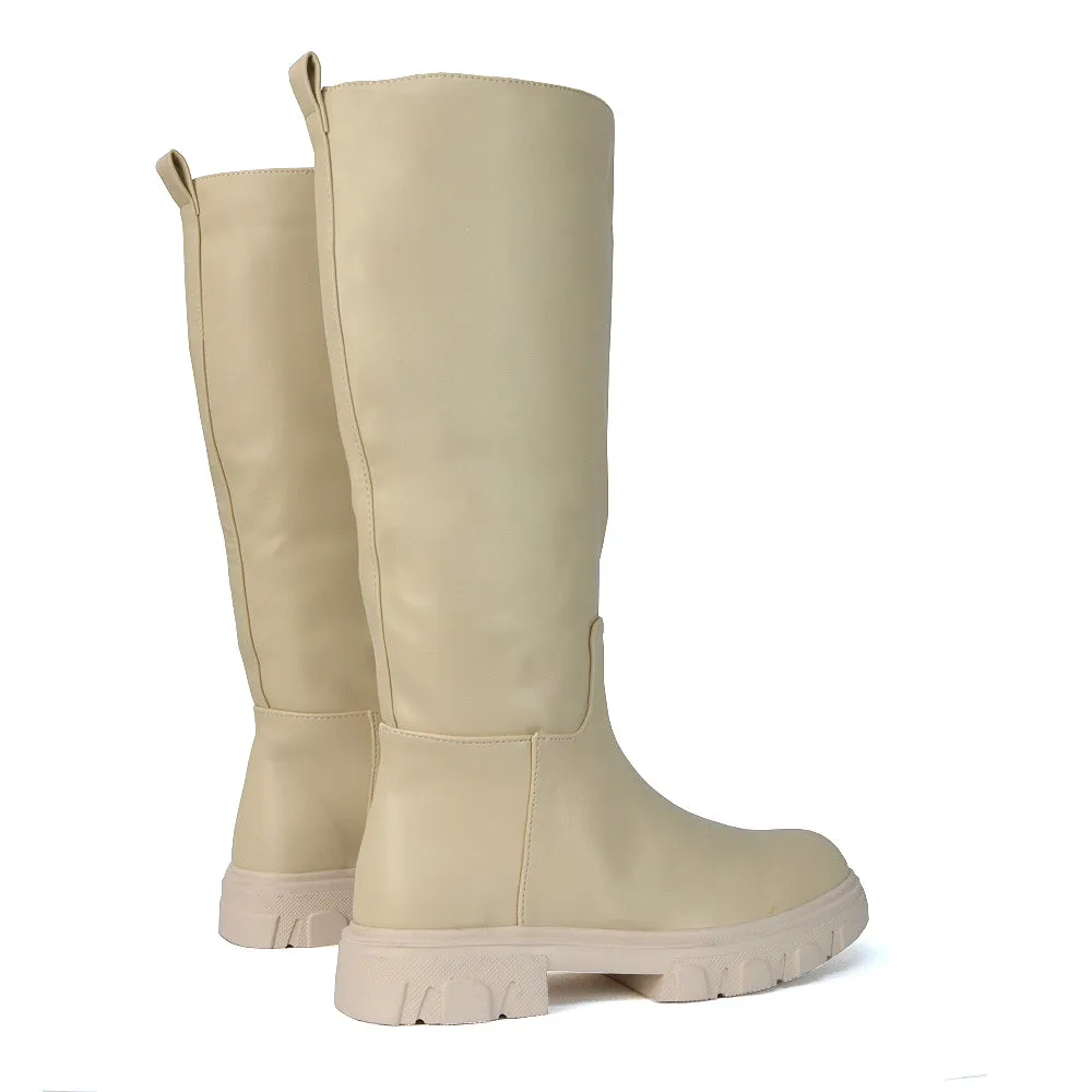 Lainey Chunky Sole Calf High Knee High Biker Boots in Nude Synthetic Leather sold by XYlondon product image thumbnail 4