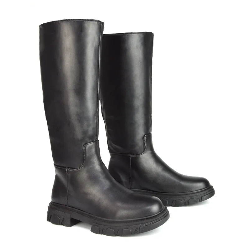 Lainey Chunky Sole Calf High Knee High Biker Boots in Black Synthetic Leather sold by XYlondon