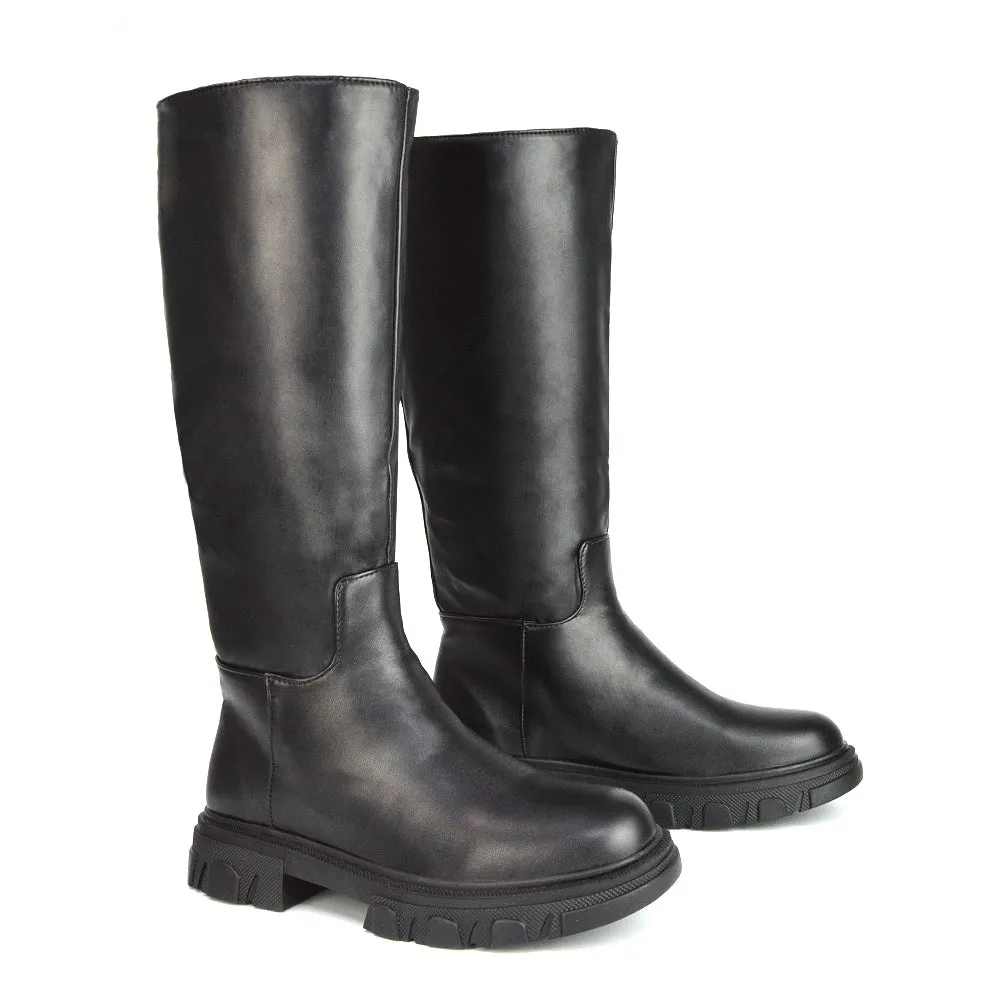 Lainey Chunky Sole Calf High Knee High Biker Boots in Black Synthetic Leather sold by XYlondon