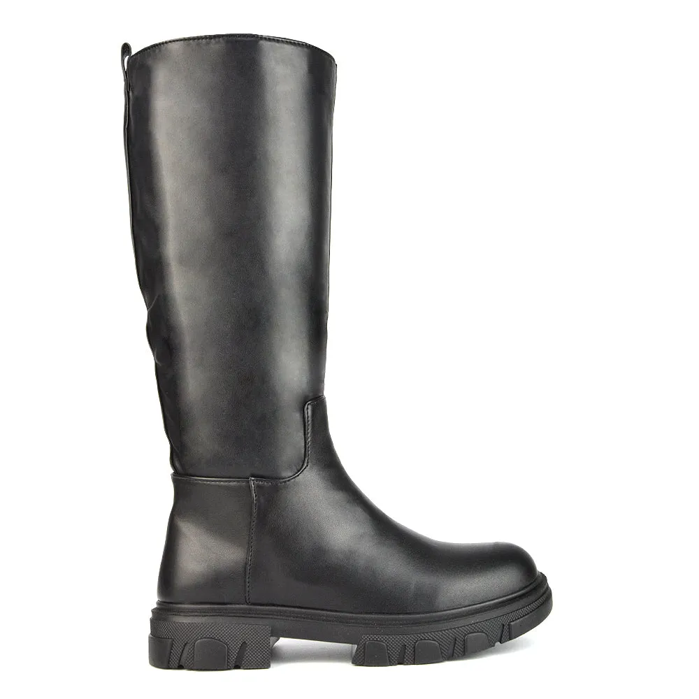 Lainey Chunky Sole Calf High Knee High Biker Boots in Black Synthetic Leather sold by XYlondon product image thumbnail 2
