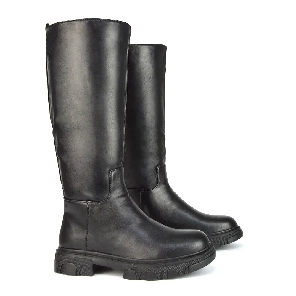 Lainey Chunky Sole Calf High Knee High Biker Boots in Black Synthetic Leather sold by XYlondon product image thumbnail 3