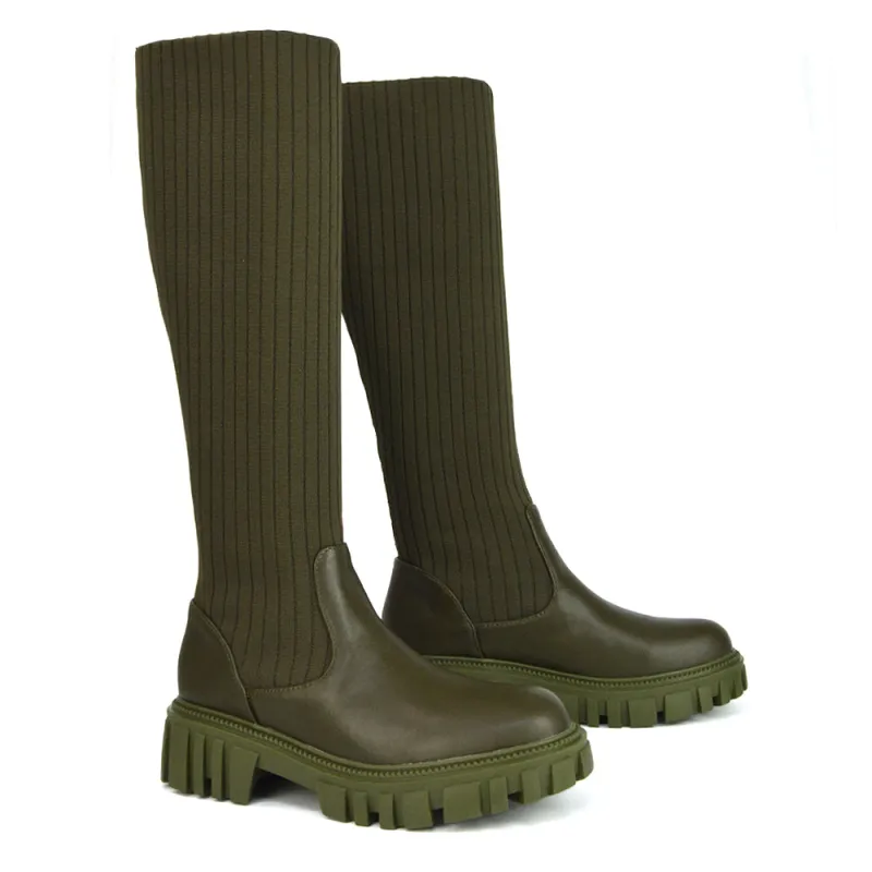 Kirsty Knitted Sock Knee High Boots with Chunky Sole in Khaki Synthetic Leather made by XYlondon