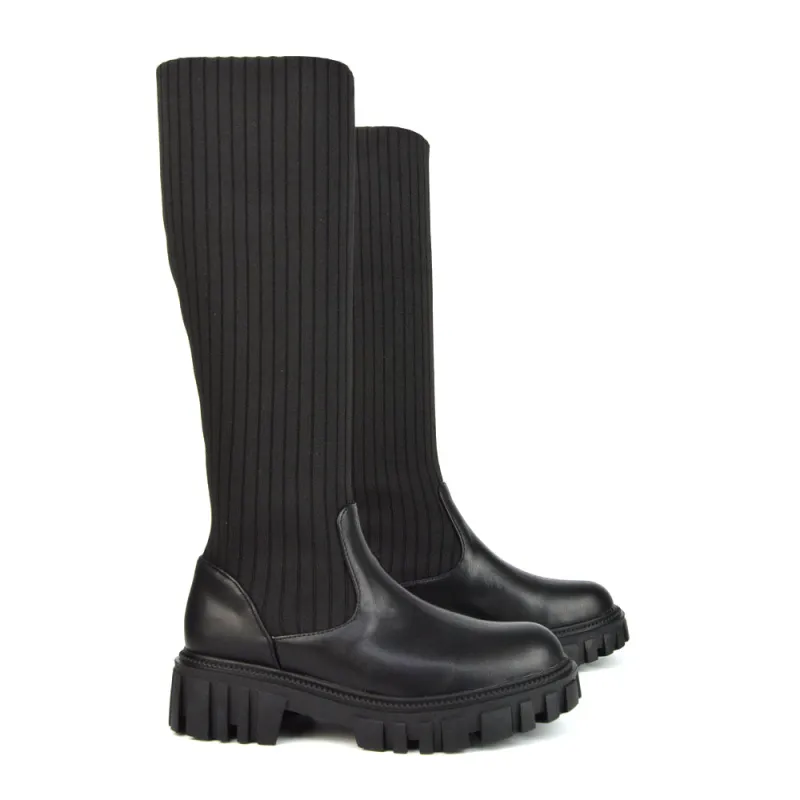 Kirsty Knitted Sock Knee High Boots with Chunky Sole in Black Synthetic Leather made by XYlondon