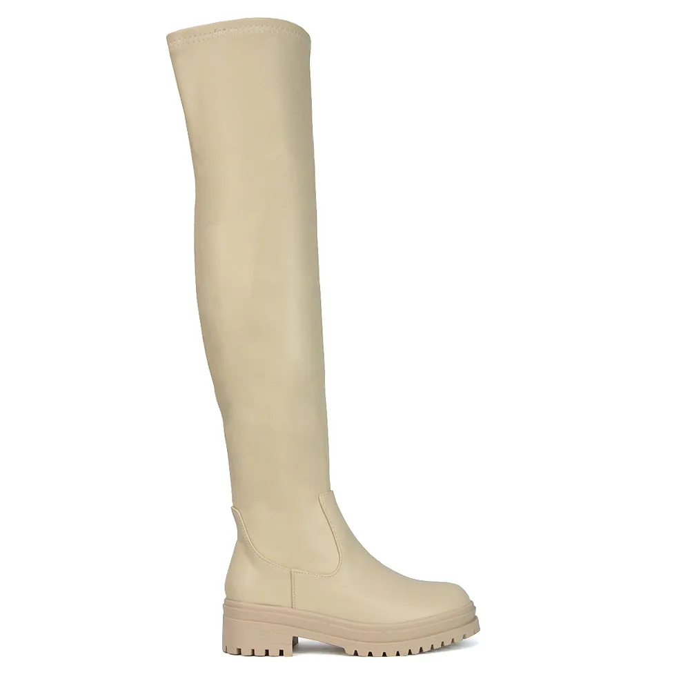 Rosalia Flat Chunky Sole Over the Knee Thigh High Long Boots in Beige Synthetic Leather sold by XYlondon product image thumbnail 2