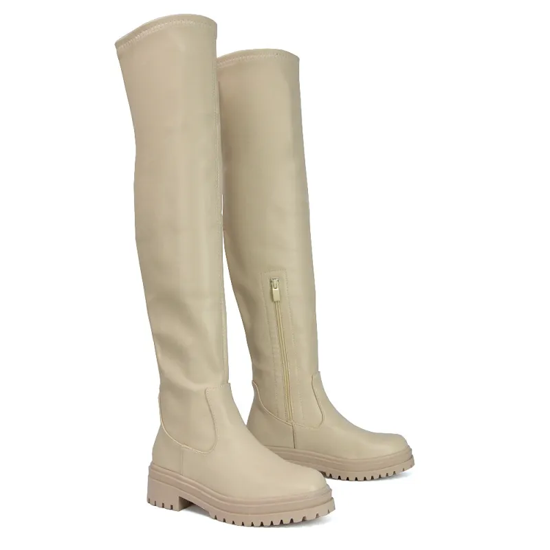 Rosalia Flat Chunky Sole Over the Knee Thigh High Long Boots in Beige Synthetic Leather sold by XYlondon