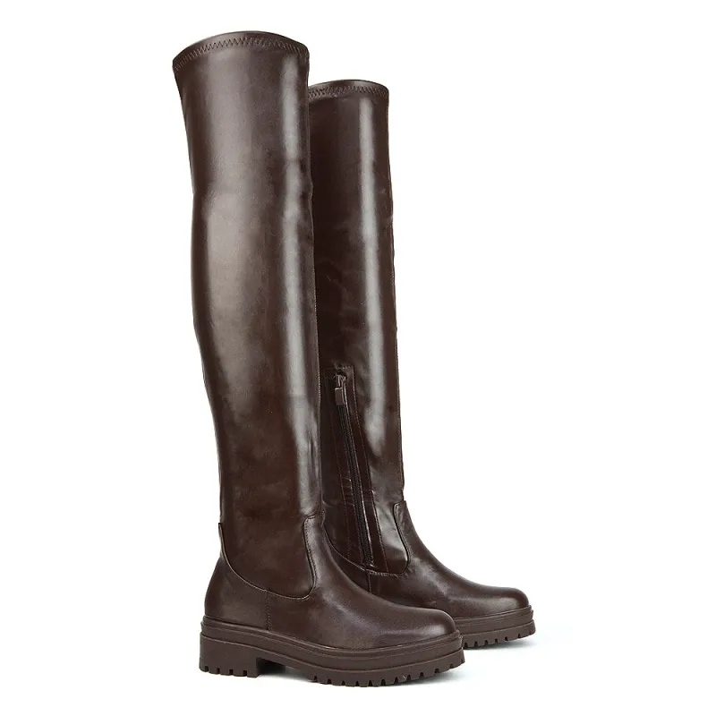 Rosalia Flat Chunky Sole Over the Knee Thigh High Long Boots in Brown Synthetic Leather sold by XYlondon