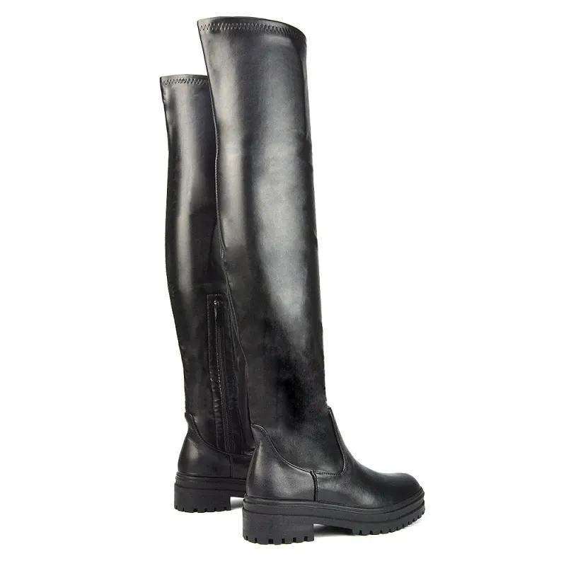 Rosalia Flat Chunky Sole Over the Knee Thigh High Long Boots in Black Synthetic Leather sold by XYlondon