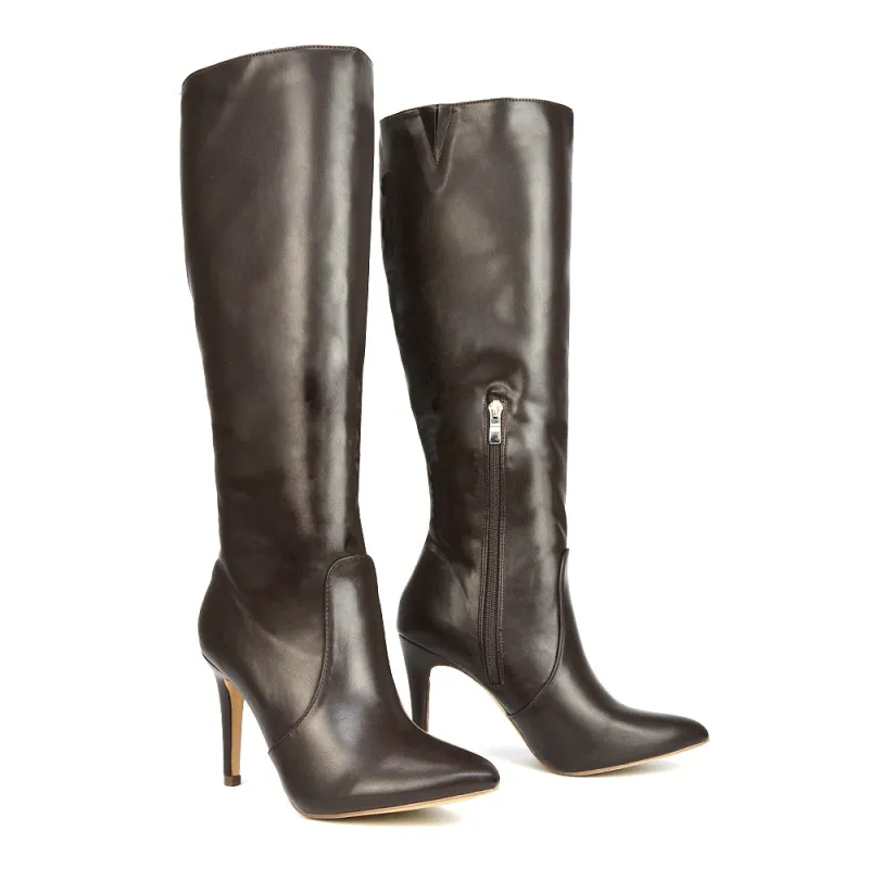 Bree Pointed Toe Zip-up Stiletto Heel Knee High Boots in Brown Synthetic Leather sold by XYlondon