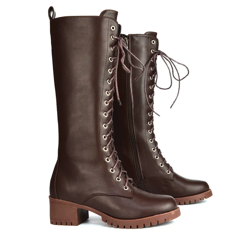 Aspen Lace Up Block High Heel Knee High Biker Boots In Brown Synthetic Leather sold by XYlondon