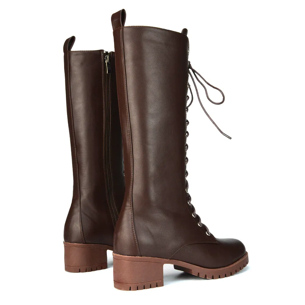 Aspen Lace Up Block High Heel Knee High Biker Boots In Brown Synthetic Leather sold by XYlondon product image thumbnail 4