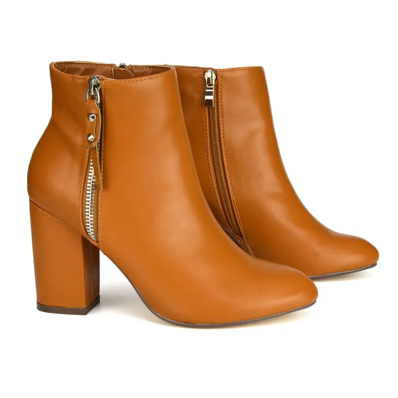 Andrea Pointed Toe Zip Up Statement High Block Heel Ankle Boots In Tan Synthetic Leather sold by XYlondon
