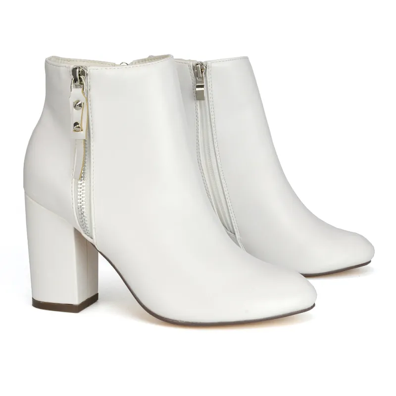 Andrea Pointed Toe Zip Up Statement High Block Heel Ankle Boots In White Synthetic Leather sold by XYlondon