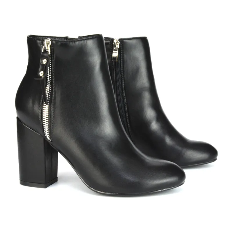 Andrea Pointed Toe Zip Up Statement High Block Heel Ankle Boots In Black Synthetic Leather sold by XYlondon