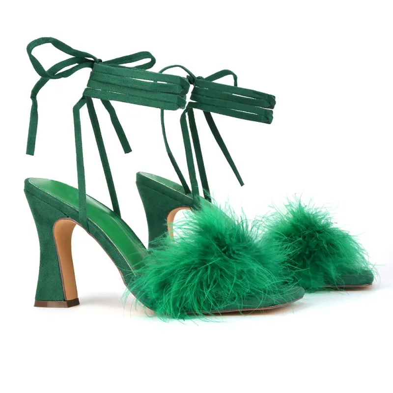 Lovelyn Fluffy Faux Fur Strappy Block Heel Lace Up Sandals in Green Faux Suede sold by XYlondon