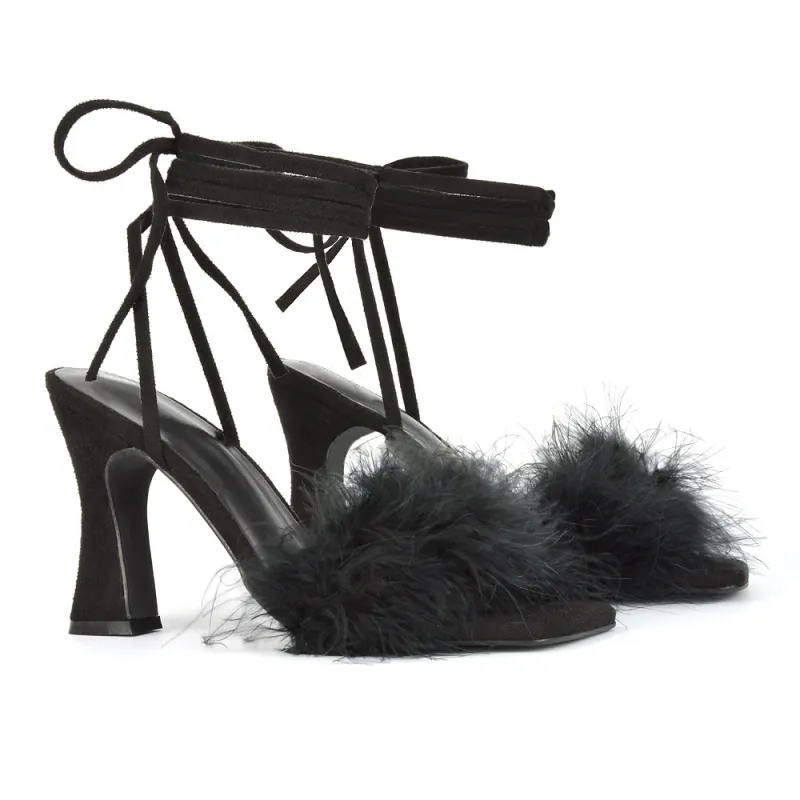 Lovelyn Fluffy Faux Fur Strappy Block Heel Lace Up Sandals in Black Faux Suede sold by XYlondon