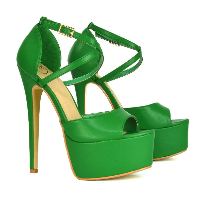 Suzanna Cross Over Strappy Platform Stiletto Peep Toe Super High Heels Sandals in Green Synthetic Leather made by XYlondon