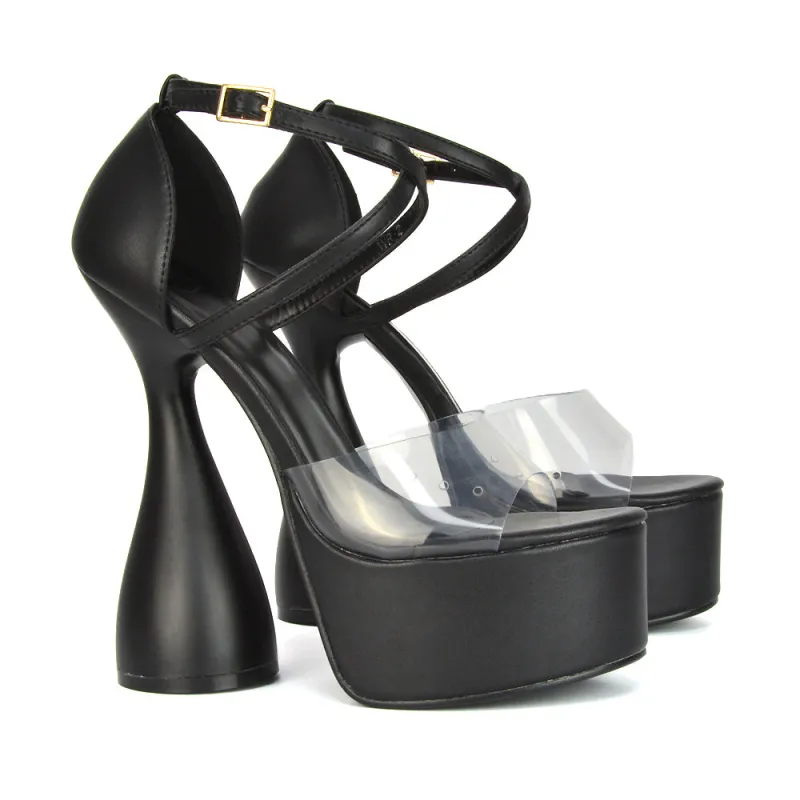 Sonia Womens Strappy Perspex Sculptured Cylinder High Heel Platform Sandals in BlackSynthetic Leather made by XYlondon