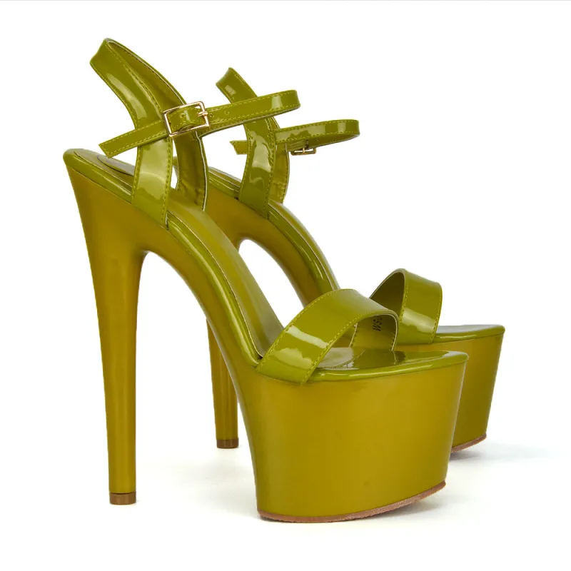 Matilda Womens Statement Strappy Sky High Stiletto Platform Heels in Green Patent sold by XYlondon