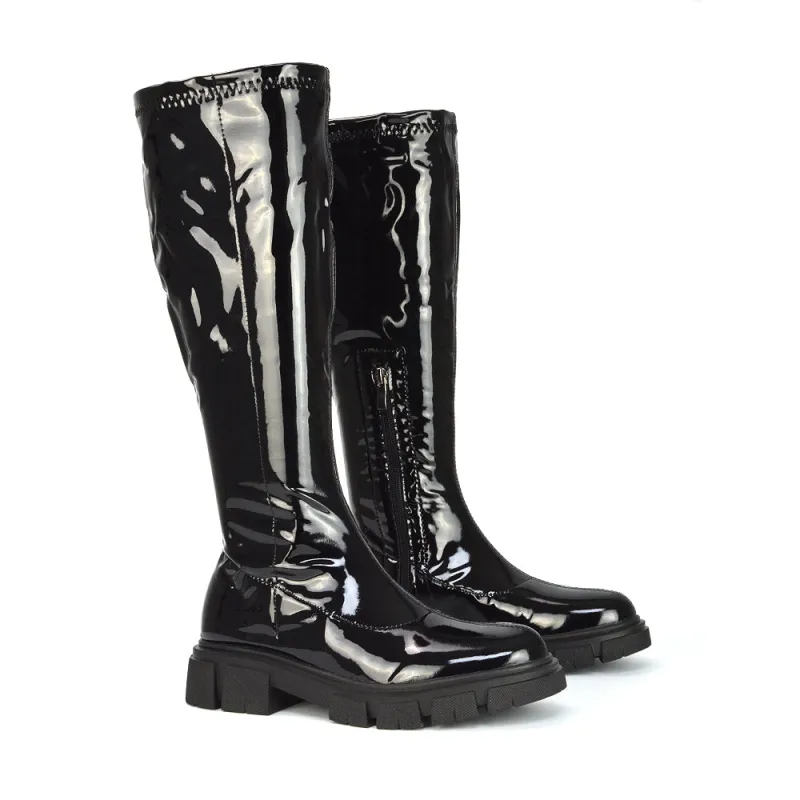 Wilma Chunky Cleated Sole Long Inside Zip-Up Flat Knee High Biker Boots In Black Patent sold by XYlondon
