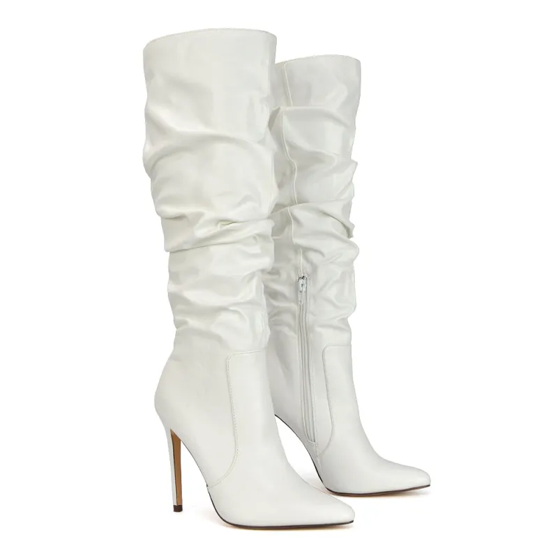 Milani Statement Ruched Pointed Toe Stiletto High Heel Knee High Boots in White Synthetic Leather sold by XYlondon