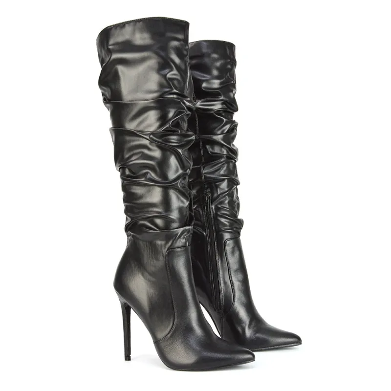 Milani Statement Ruched Pointed Toe Stiletto High Heel Knee High Boots in Black Synthetic Leather sold by XYlondon
