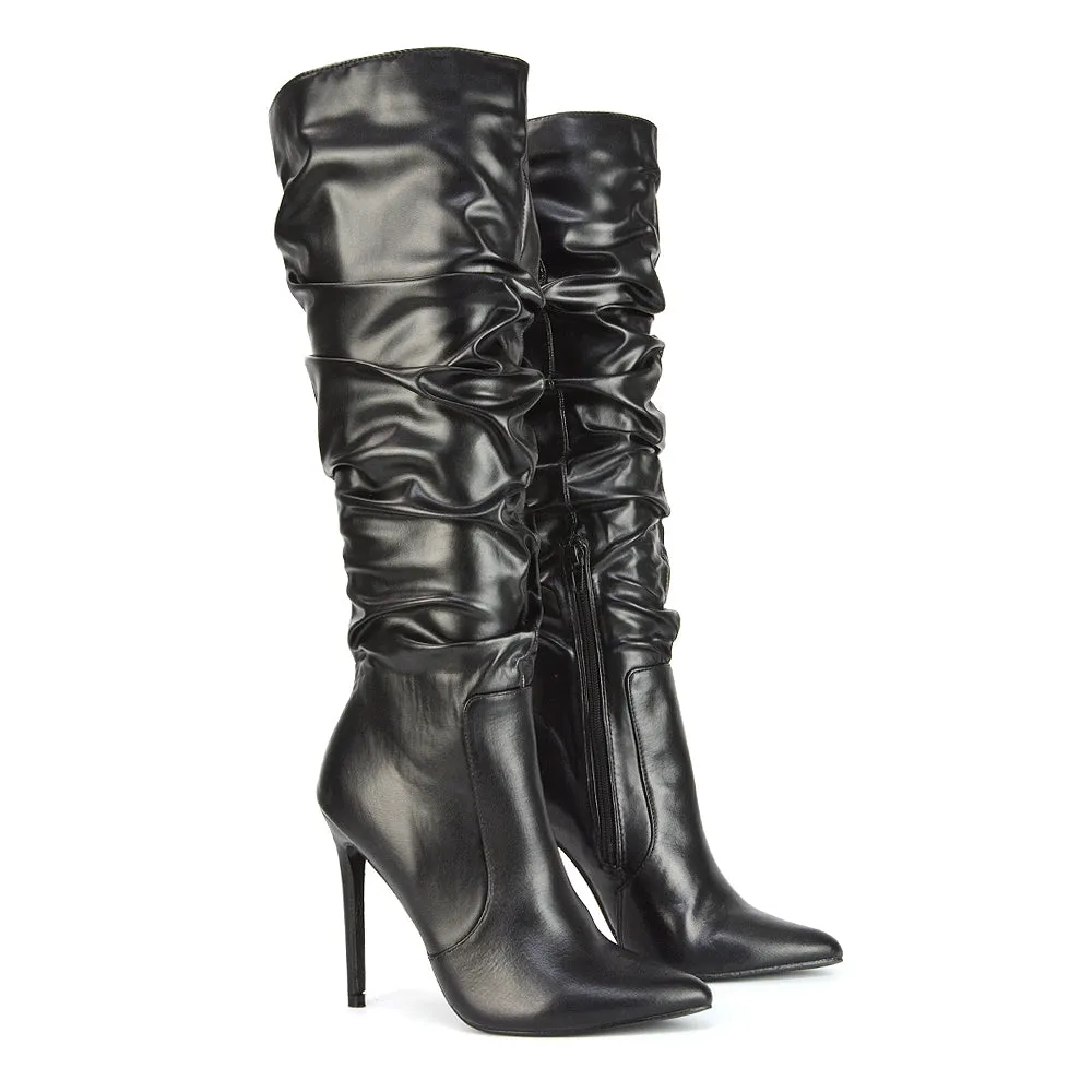 Milani Statement Ruched Pointed Toe Stiletto High Heel Knee High Boots in Black Synthetic Leather sold by XYlondon