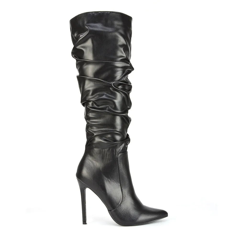 Milani Statement Ruched Pointed Toe Stiletto High Heel Knee High Boots in Black Synthetic Leather sold by XYlondon product image thumbnail 2