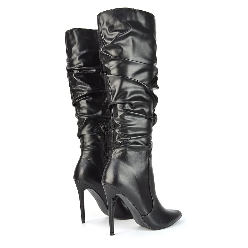 Milani Statement Ruched Pointed Toe Stiletto High Heel Knee High Boots in Black Synthetic Leather sold by XYlondon product image thumbnail 3