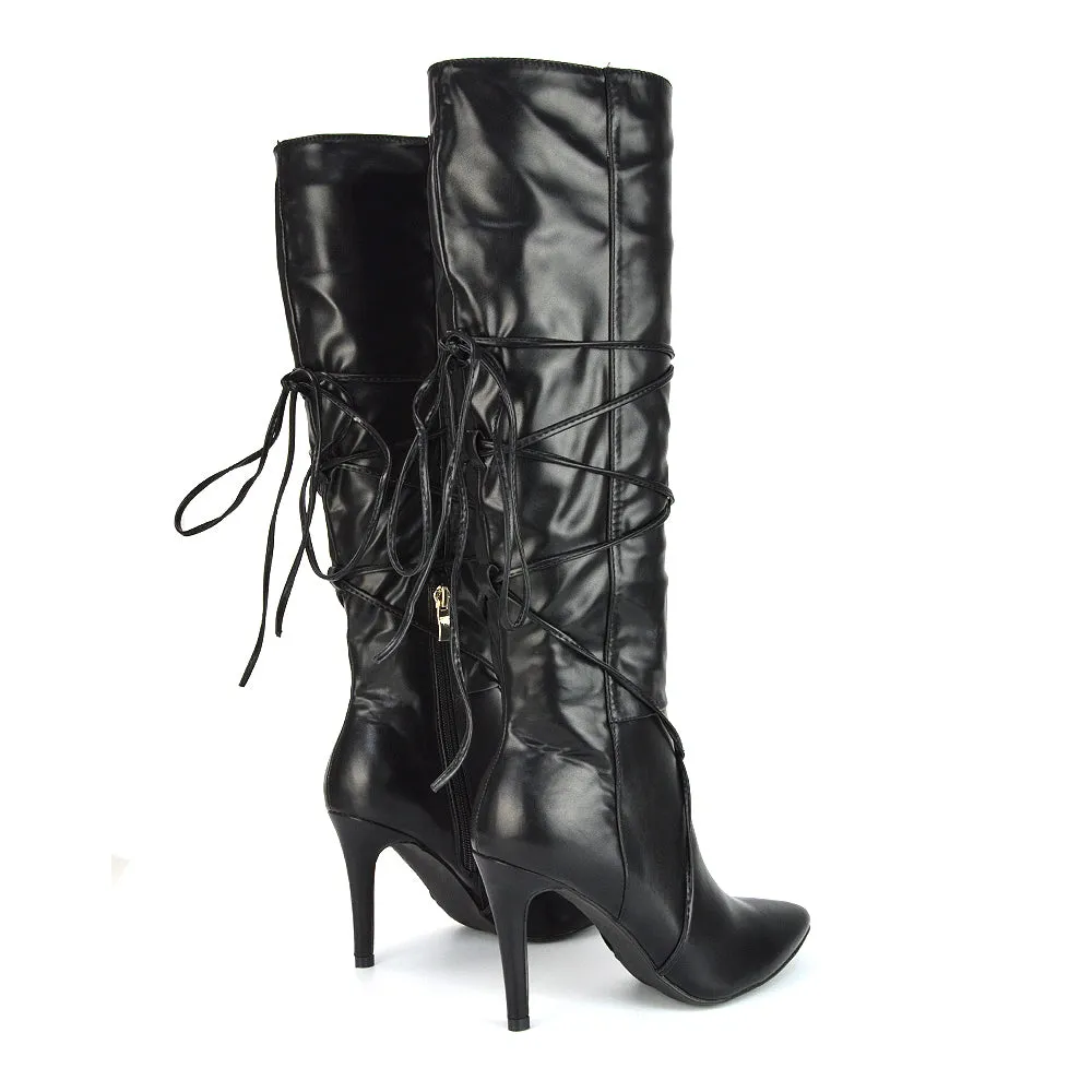 Rebel Pointed Toe Stiletto High Heeled Lace Up Knee High Long Boots in Black Synthetic Leather sold by XYlondon product image thumbnail 3