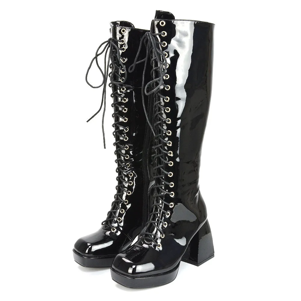 Love Square Toe Chunky Platform Sole Block Heel Knee High Long Lace up Boots in Black Patent sold by XYlondon product image thumbnail 5