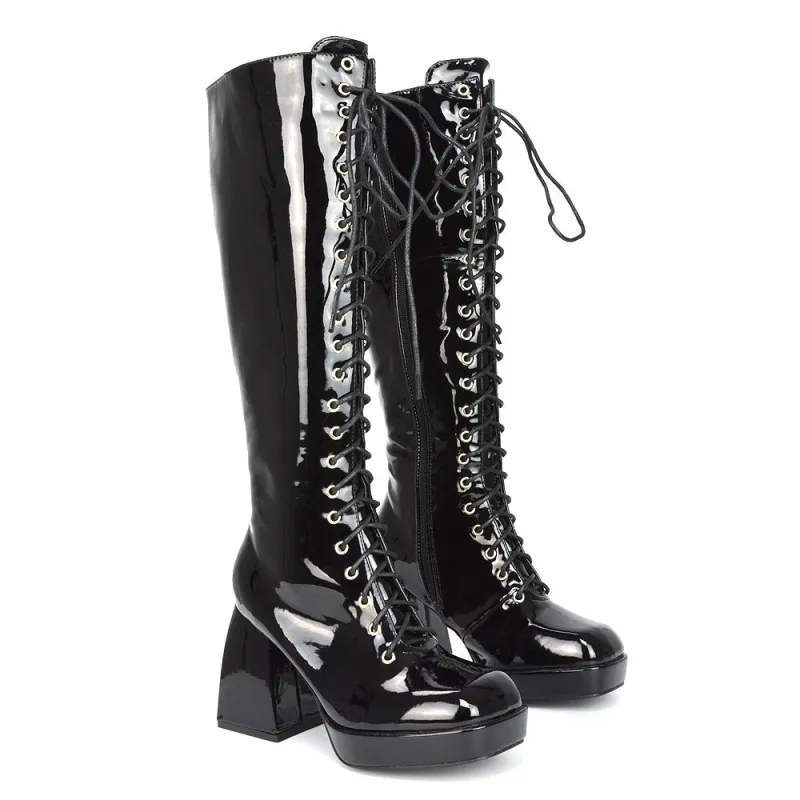 Love Square Toe Chunky Platform Sole Block Heel Knee High Long Lace up Boots in Black Patent sold by XYlondon