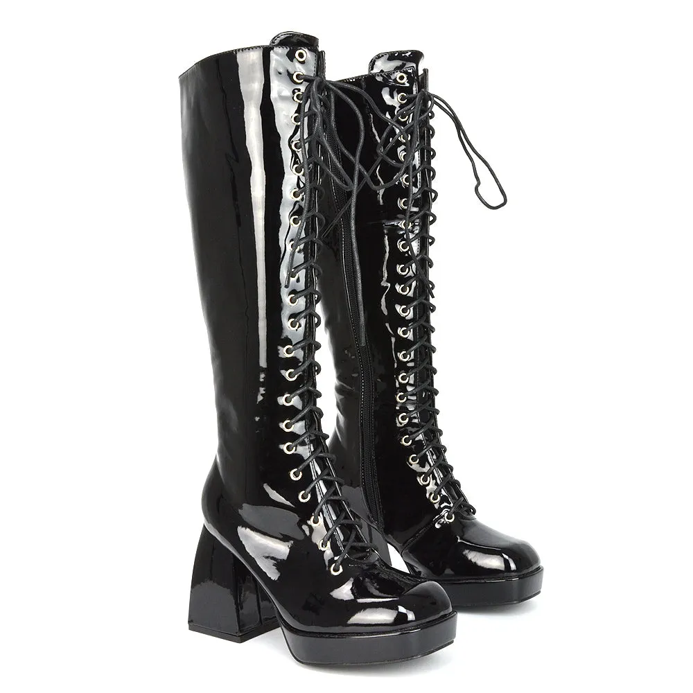 Love Square Toe Chunky Platform Sole Block Heel Knee High Long Lace up Boots in Black Patent sold by XYlondon