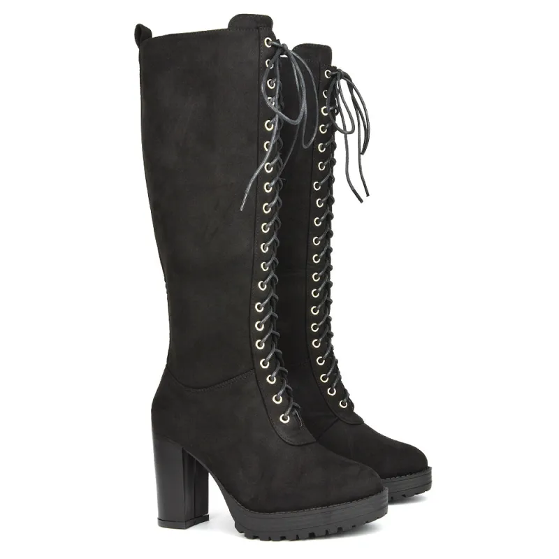 Ruthie Knee High Block Heel Lace Up Platform Boots in Black Faux Suede sold by XYlondon