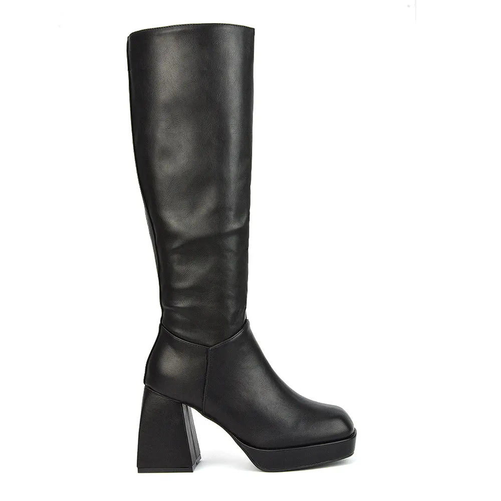 Wren Knee High Boots With Platform Chunky Flared Block Heel In Black Synthetic Leather sold by XYlondon product image thumbnail 3