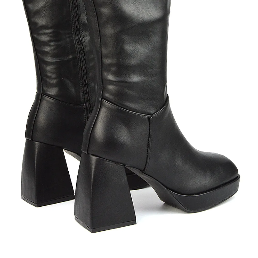 Wren Knee High Boots With Platform Chunky Flared Block Heel In Black Synthetic Leather sold by XYlondon product image thumbnail 2