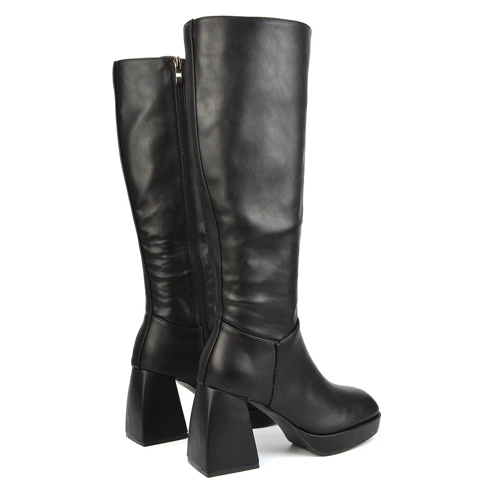 Wren Knee High Boots With Platform Chunky Flared Block Heel In Black Synthetic Leather sold by XYlondon product image thumbnail 4