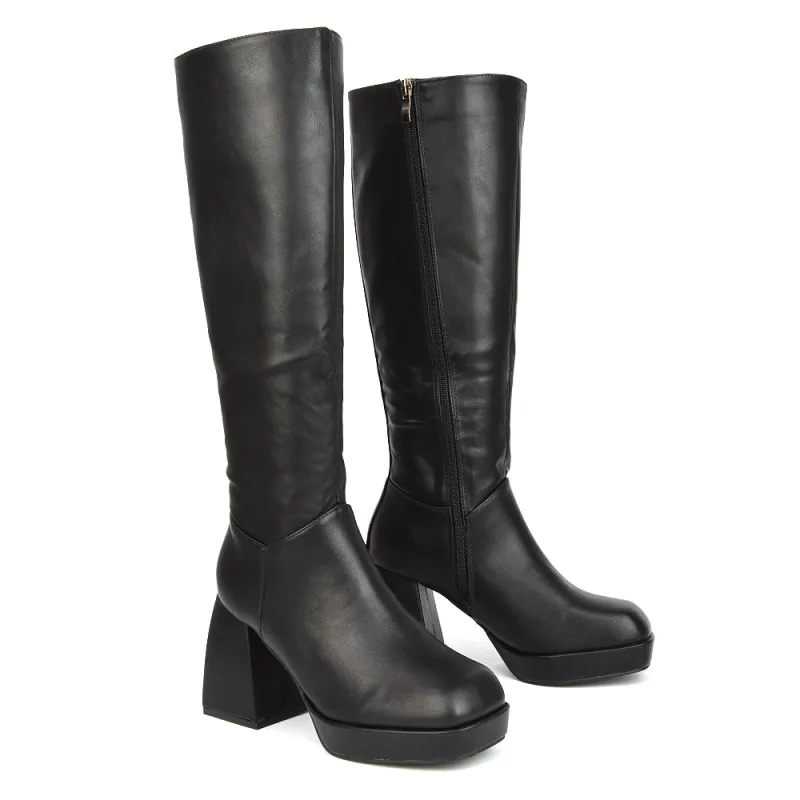 Wren Knee High Boots With Platform Chunky Flared Block Heel In Black Synthetic Leather sold by XYlondon