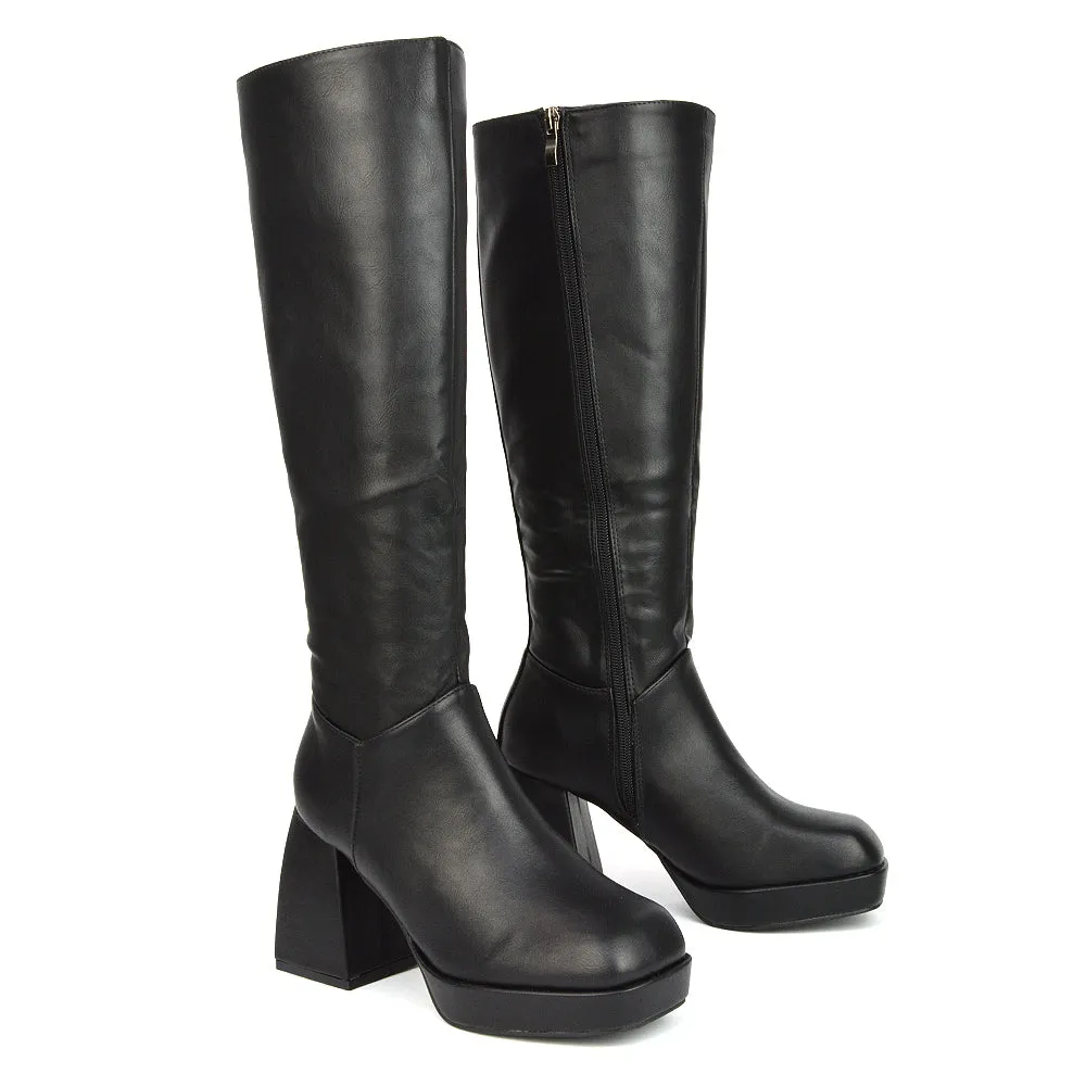 Wren Knee High Boots With Platform Chunky Flared Block Heel In Black Synthetic Leather sold by XYlondon
